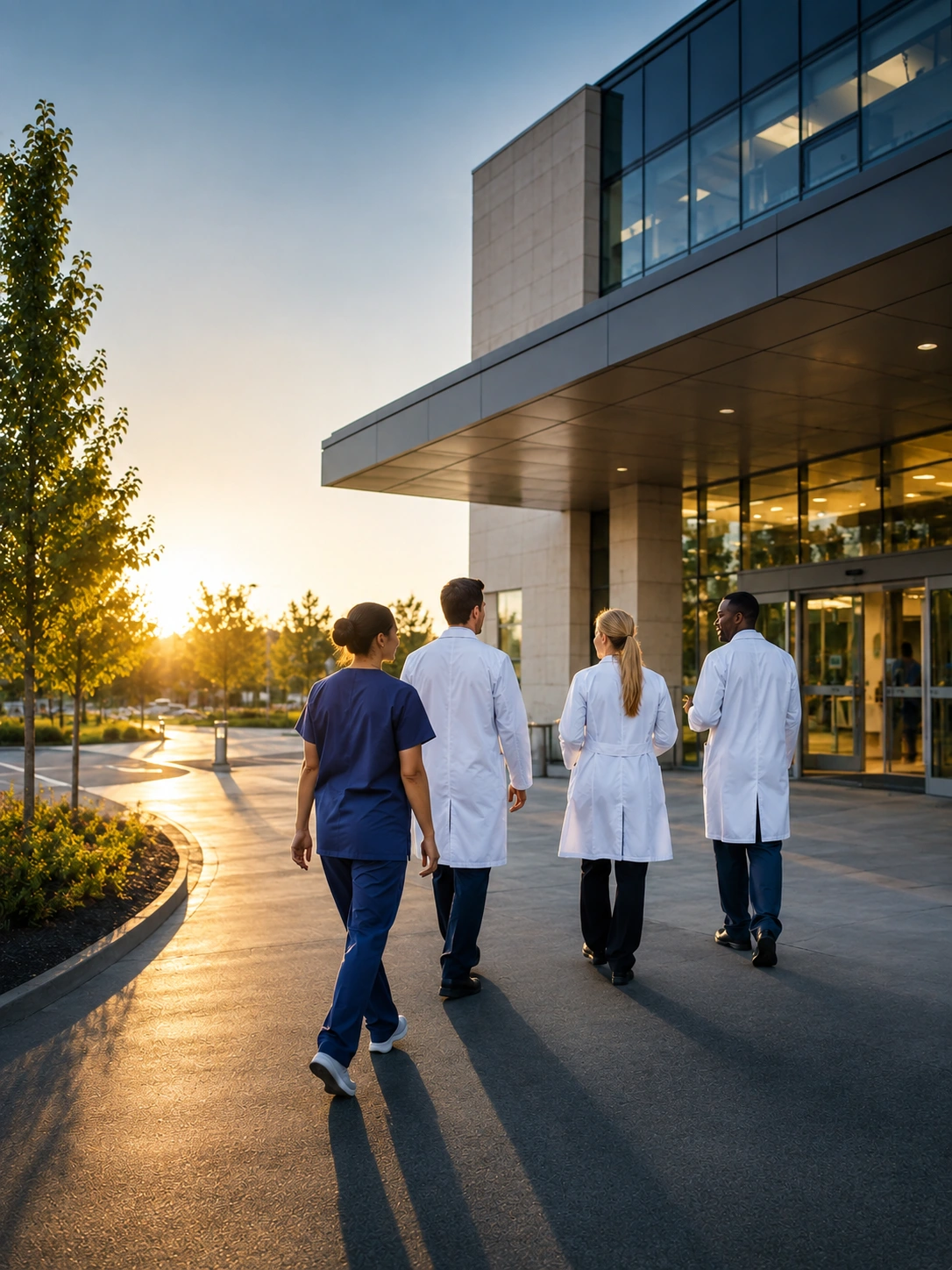 Doctors and clinicians walking toward a modern hospital entrance at sunrise