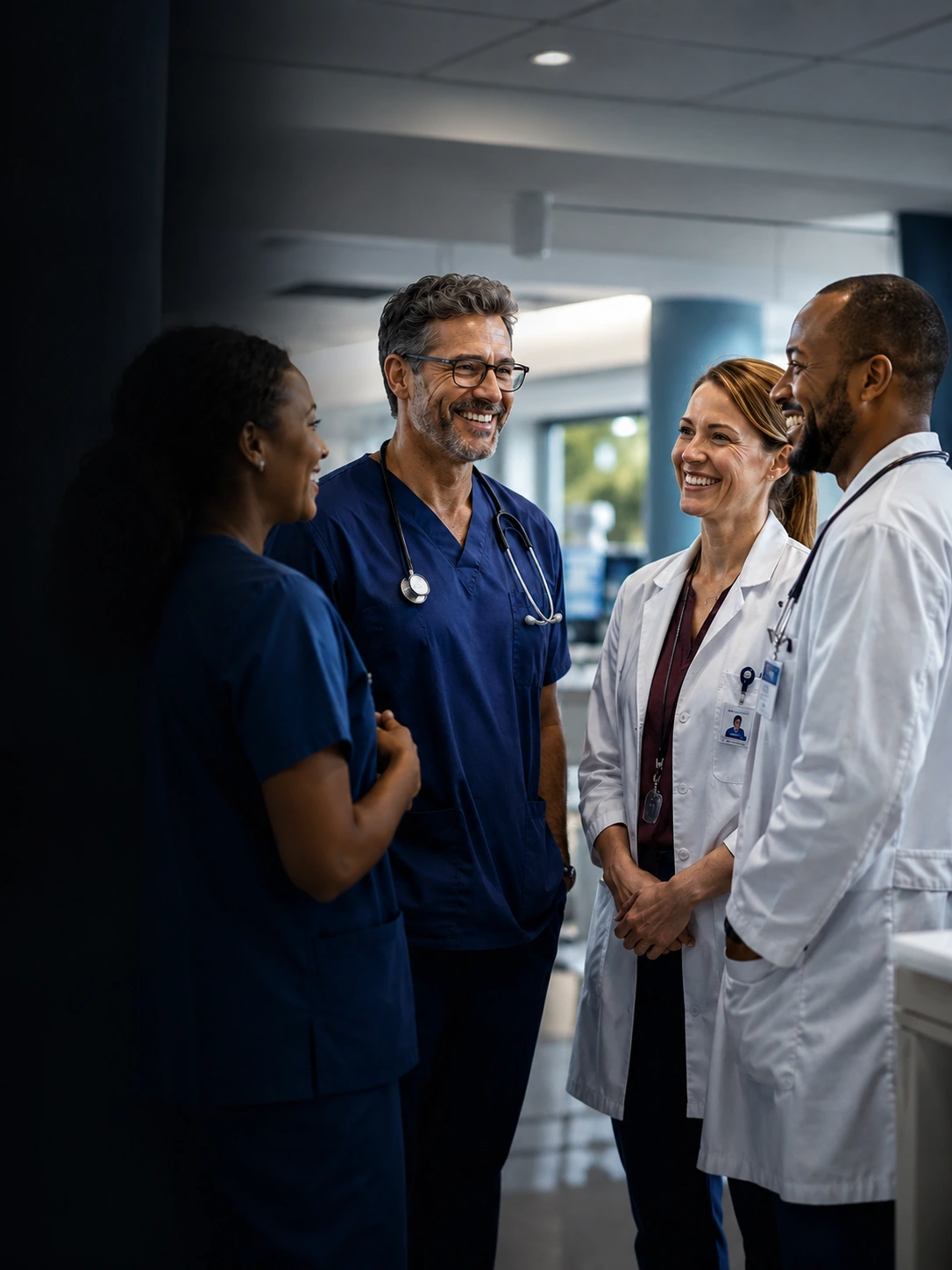 A compassionate team of physicians smiling together in a hospital