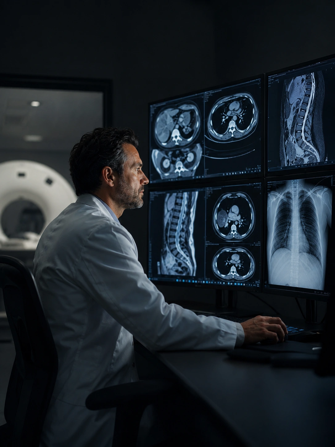 A radiologist carefully reviewing CT, MRI, and X-ray images on multiple monitors