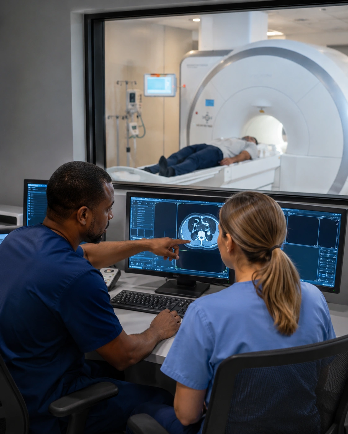 Hospital imaging specialists collaborating at connected workstations while an MRI scanner operates nearby